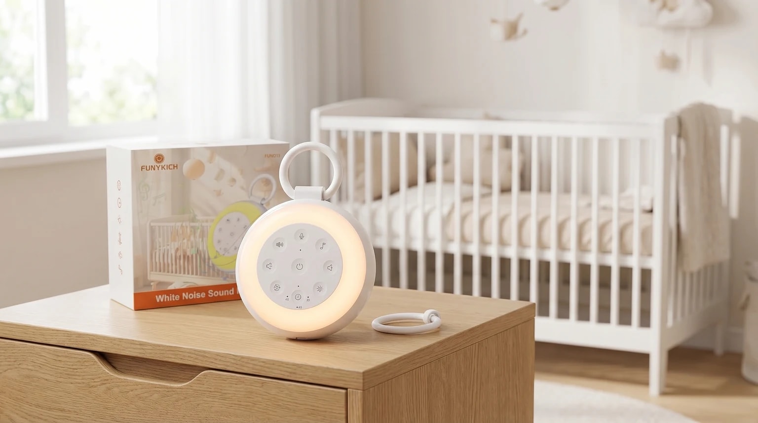 Máquina de ruído branco FUNYKICH acesa sobre uma mesa de cabeceira, com a embalagem da marca e um berço ao fundo num quarto de bebé claro.