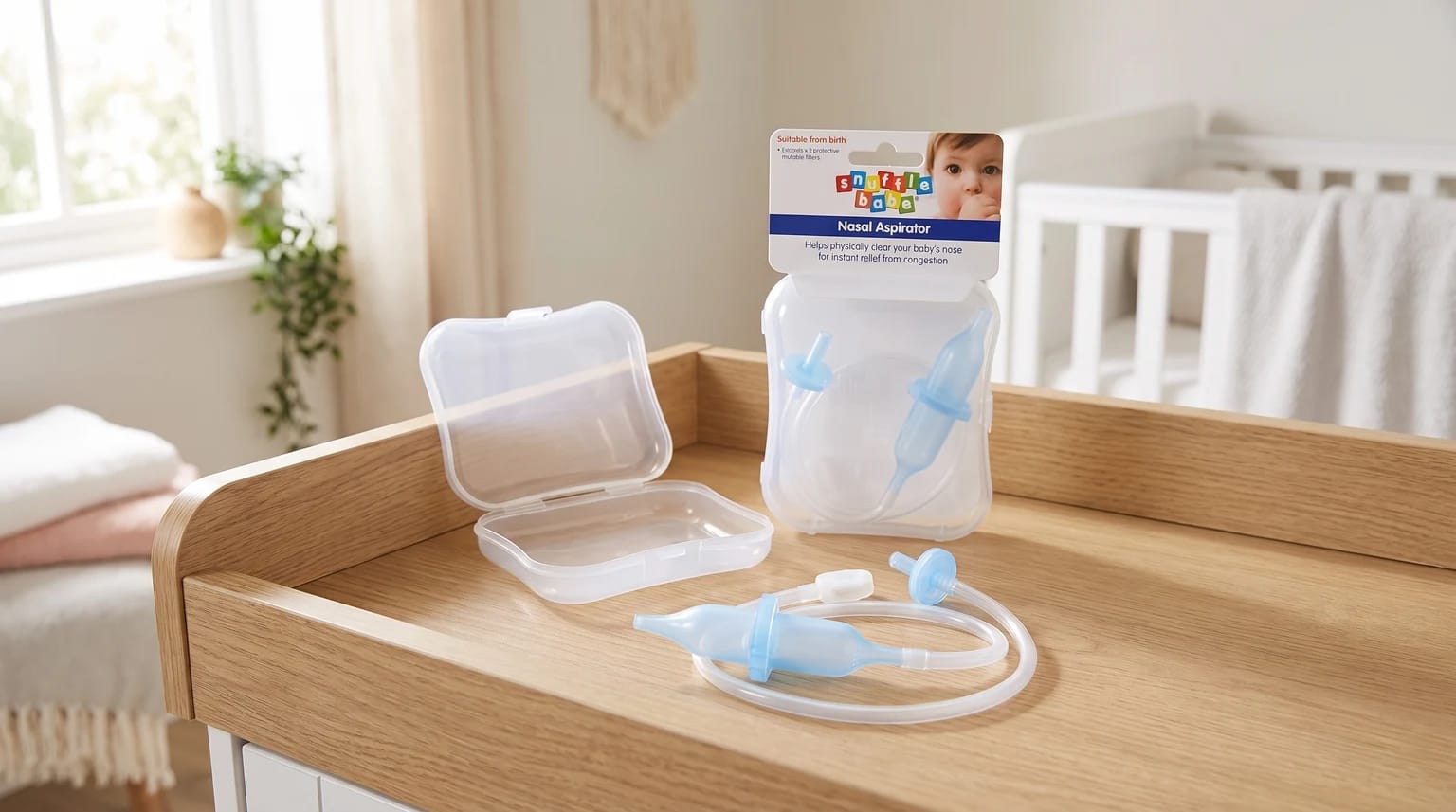 A Snufflebabe baby nasal aspirator laid out on a wooden changing table with its open travel case and original packaging.