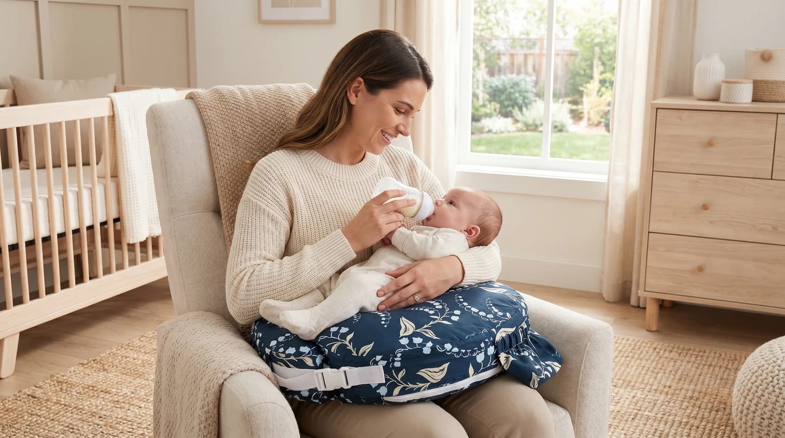 A smiling mother bottle-feeds her baby, who is resting on a blue floral nursing pillow, while sitting in an armchair in a nursery.