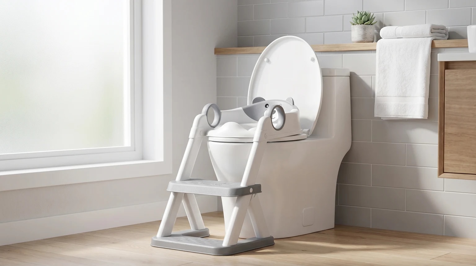 Redutor de sanita infantil com escada, em cinzento e branco e com um encosto em forma de urso, numa casa de banho moderna e luminosa.