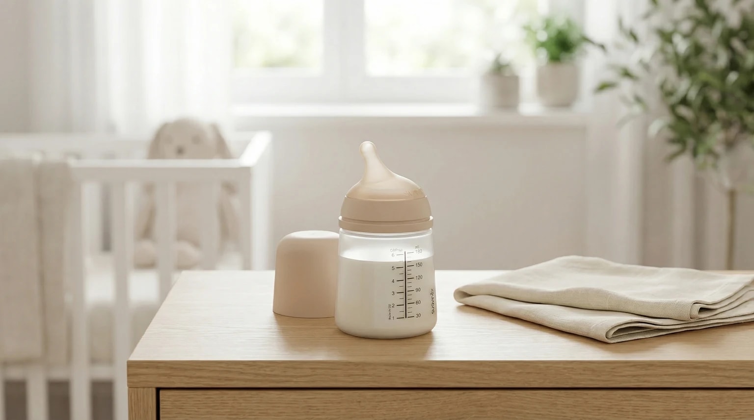 Biberão Suavinex Zero Zero pousado numa superfície de madeira clara num quarto de bebé luminoso e calmo.