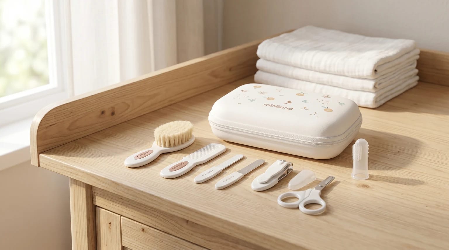 Kit corta-unhas para bebé da Miniland, com estojo e acessórios, pousado sobre uma mesa de muda em madeira clara, num ambiente de quarto de bebé luminoso e sereno.