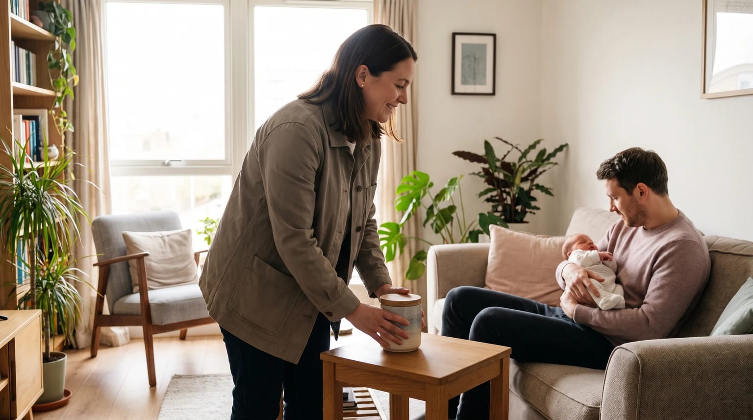 A parent holding a newborn during a calm, short visit at home.
