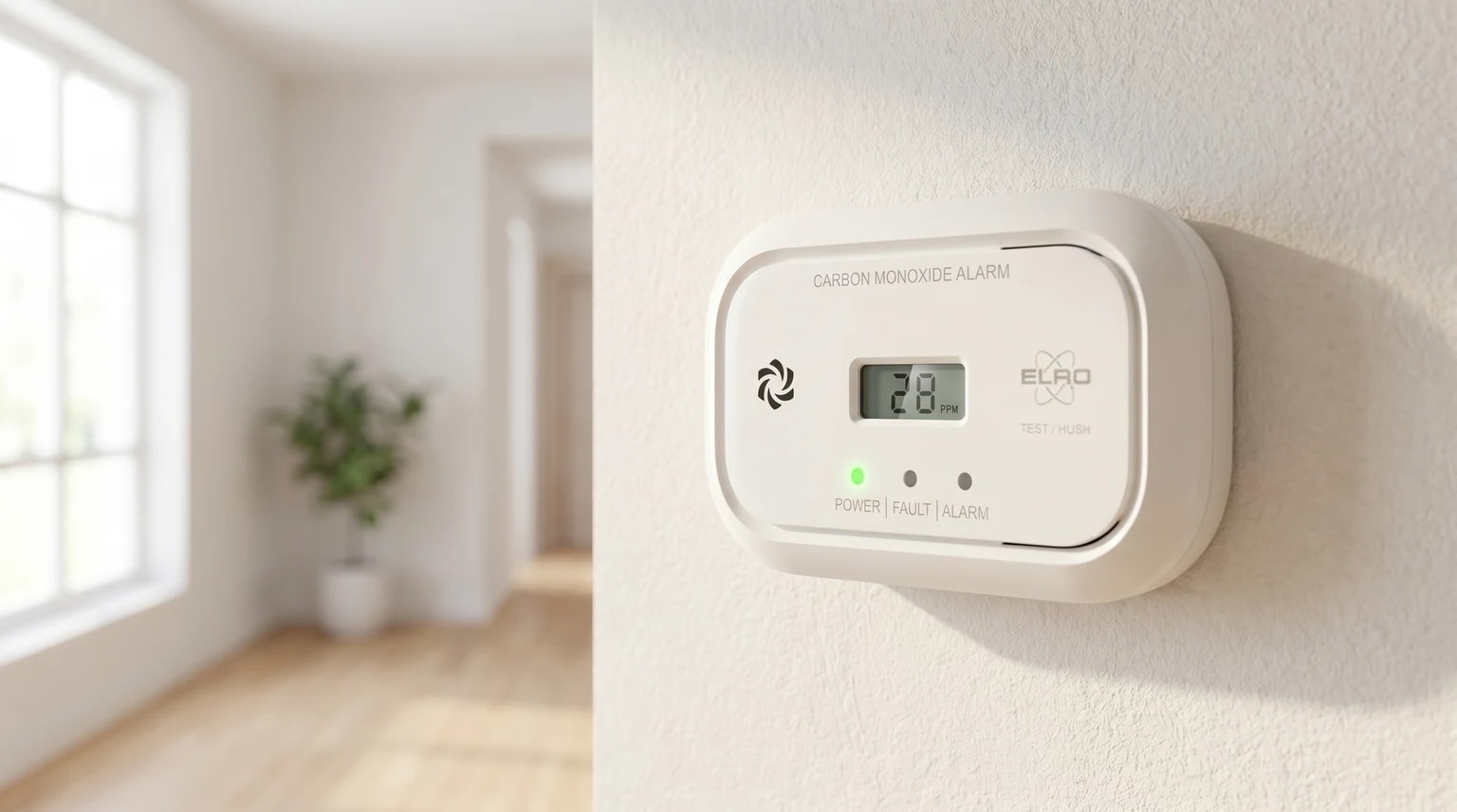 O detetor de monóxido de carbono ELRO branco montado numa parede clara num corredor de casa moderno e bem iluminado, a proteger a segurança da família.
