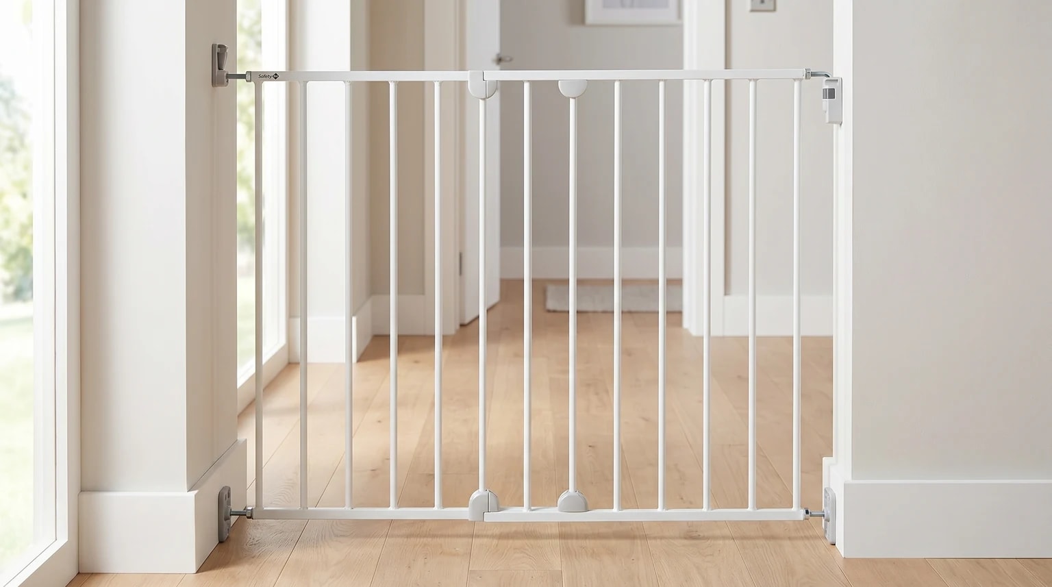 A white wall-fixed Safety 1st metal safety gate installed across a doorway with visible side brackets and a clear floor beneath it.