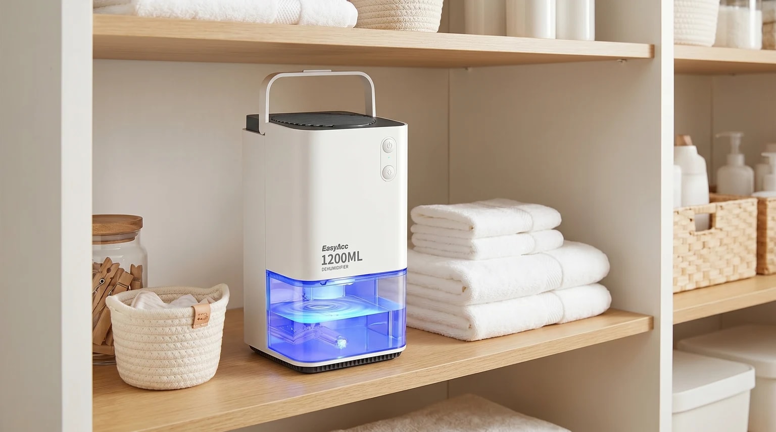 An EasyAcc mini dehumidifier on a stable shelf in a bright utility cupboard.