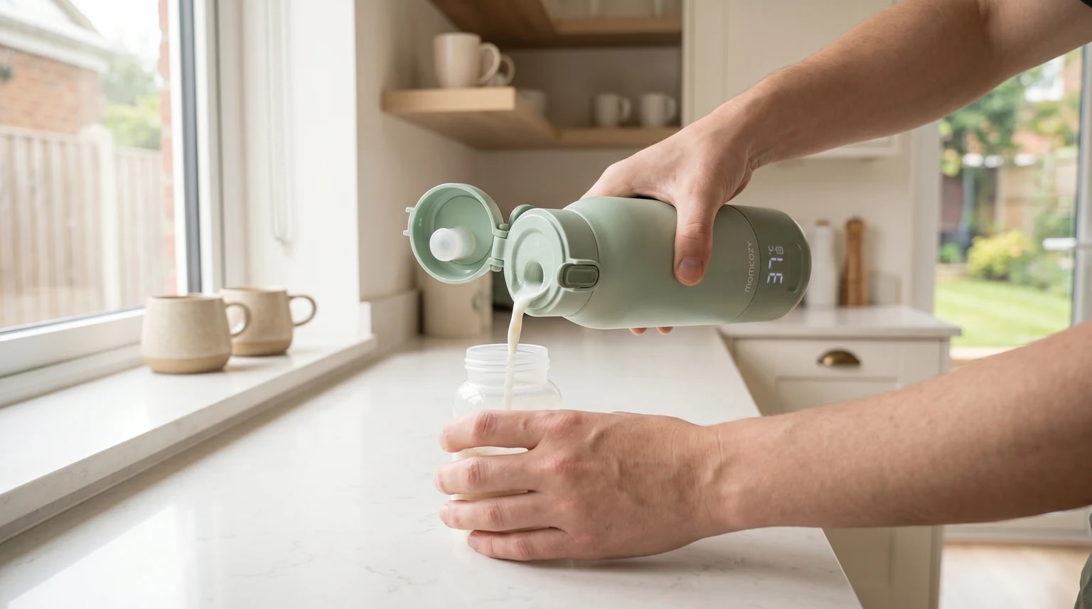 A person pours milk from a sage green portable bottle warmer, with a display showing 37°C, into a baby bottle on a kitchen worktop.