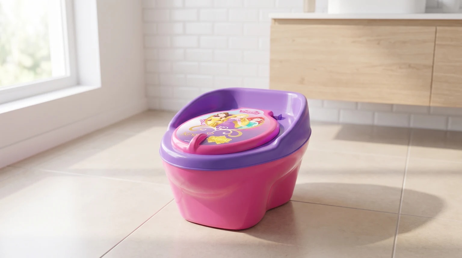 Troninho rosa e roxo com estampa das Princesas Disney na tampa, no chão de um banheiro bem iluminado.