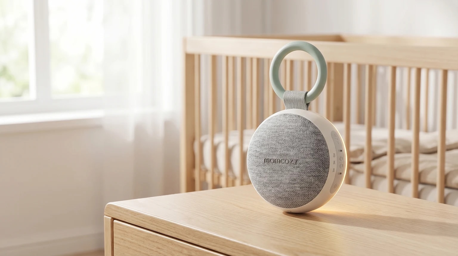 Máquina de ruído branco Momcozy com luz quente ligada sobre uma mesa junto a um berço de madeira num quarto de bebé sereno.
