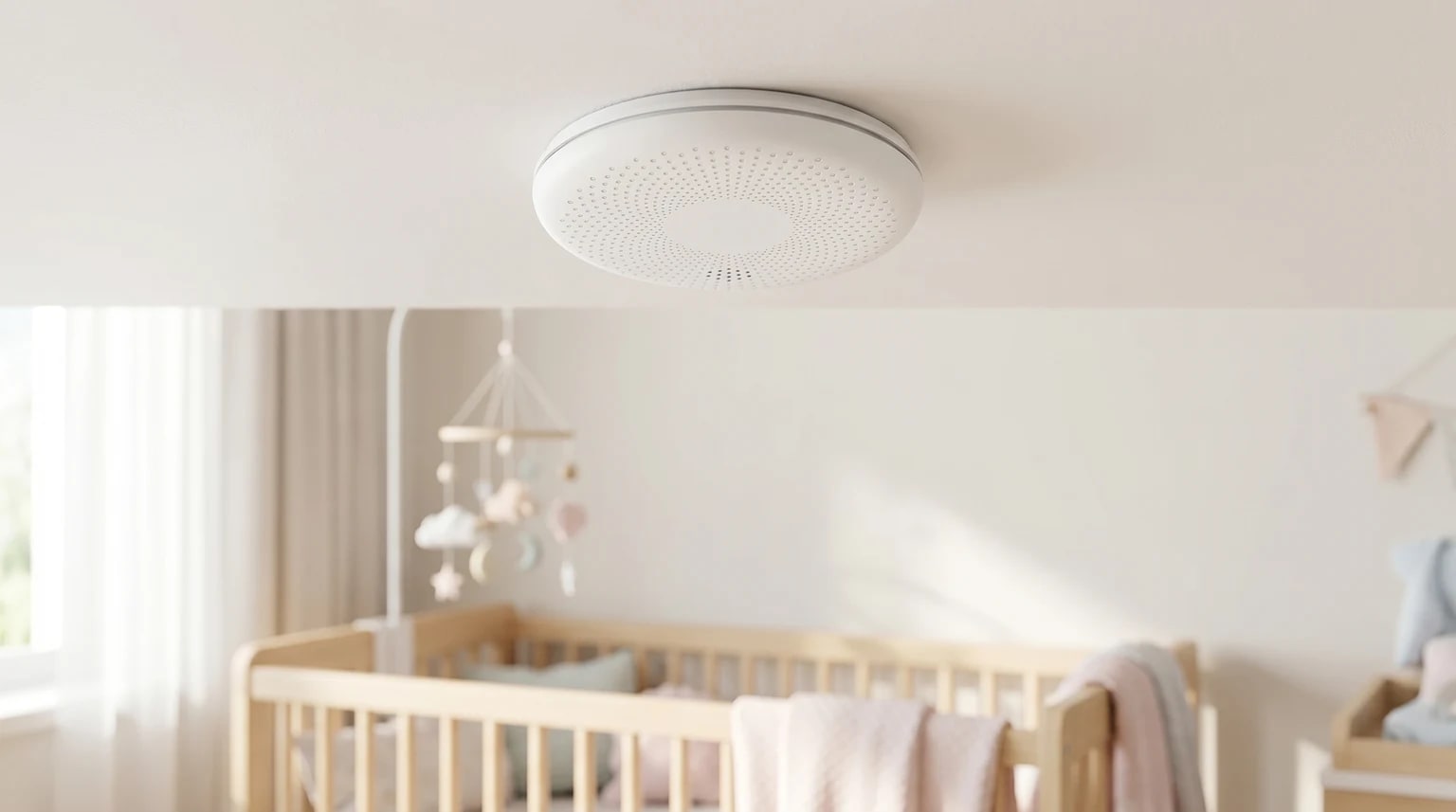 Detector de fumo e monóxido de carbono branco instalado no teto de um quarto de bebé luminoso e tranquilo.
