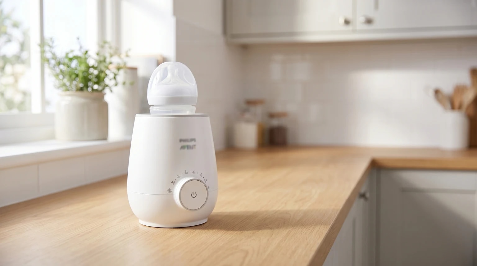 A white Philips Avent bottle warmer with a baby bottle inside, sitting on a wooden kitchen counter in a bright kitchen.
