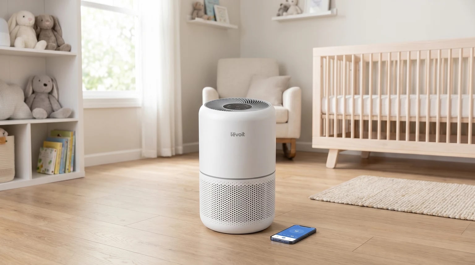 A white Levoit air purifier on a wooden floor in a baby's nursery, with a smartphone next to it and a wooden cot in the background.