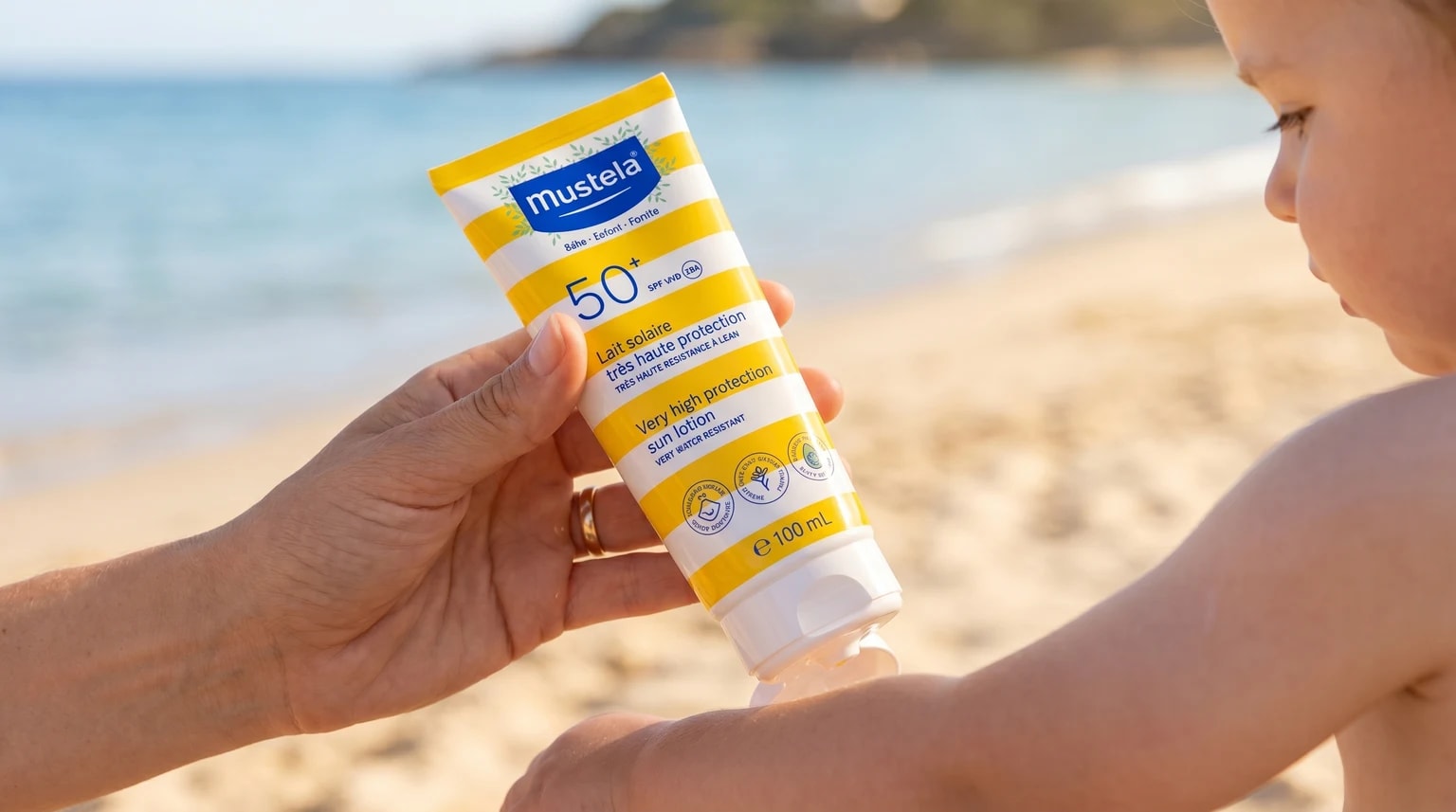 Tubo de protetor solar Mustela SPF 50+ a ser segurado pela mão de um adulto, pronto a ser aplicado na pele de uma criança, com uma praia soalheira e calma como fundo.