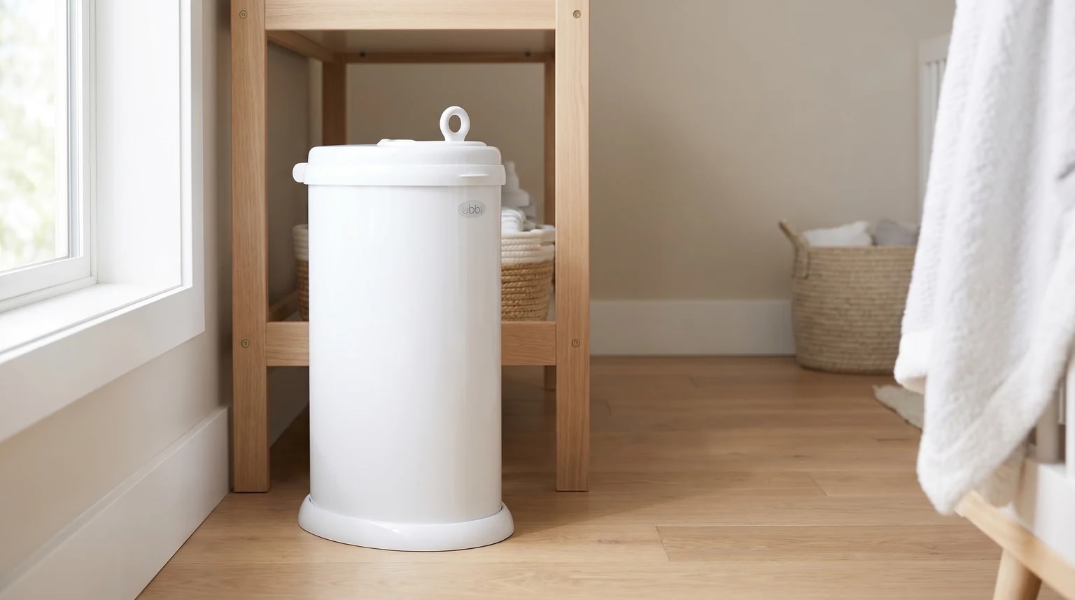 O contentor de fraldas branco Ubbi num quarto de bebé sereno e bem iluminado, junto a um fraldário de madeira clara.