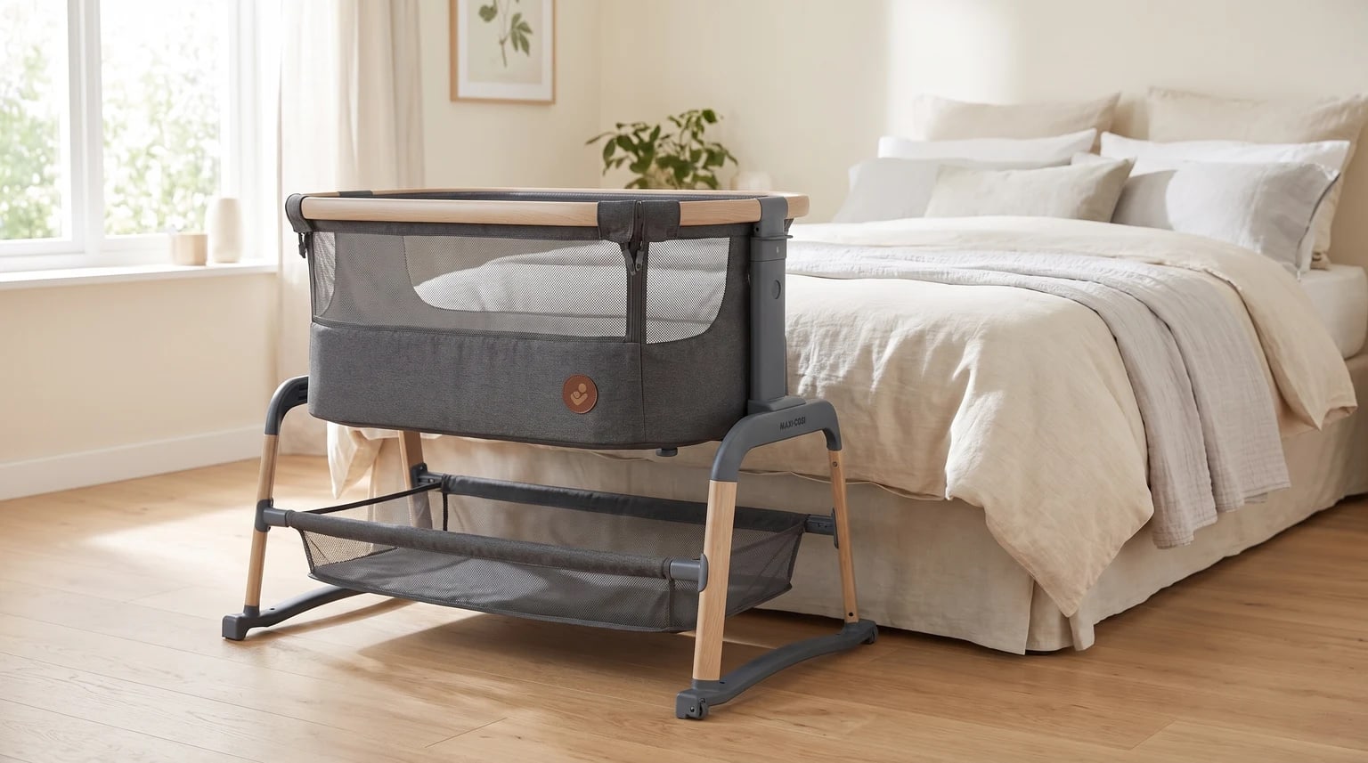 Berço Maxi-Cosi Iora Air cinza com detalhes amadeirados e cesto inferior, ao lado de uma cama.