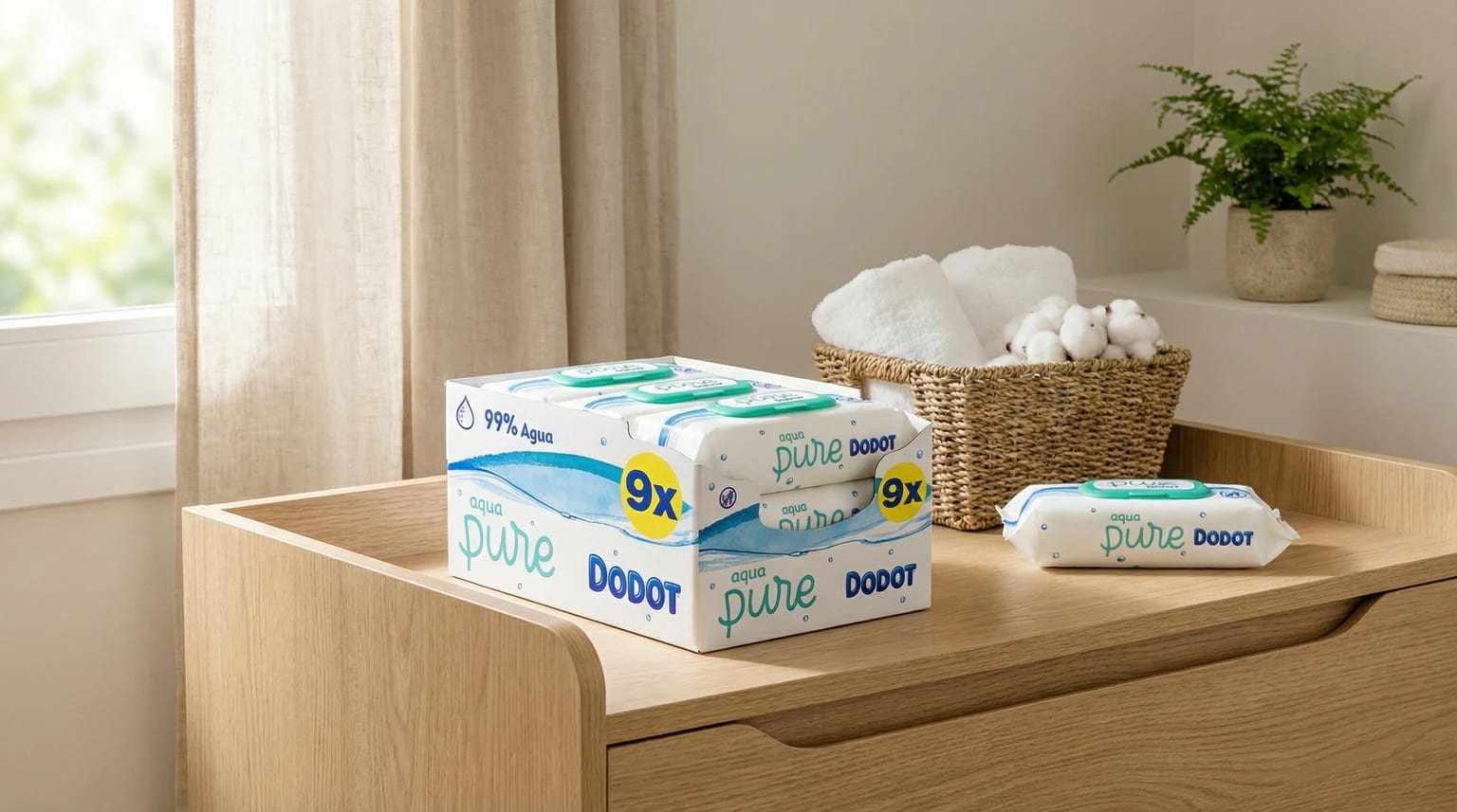 Caixa de toalhitas Dodot Aqua Pure numa mesa de fraldas de madeira clara, num quarto de bebé luminoso e organizado. Uma embalagem individual está aberta ao lado da caixa.