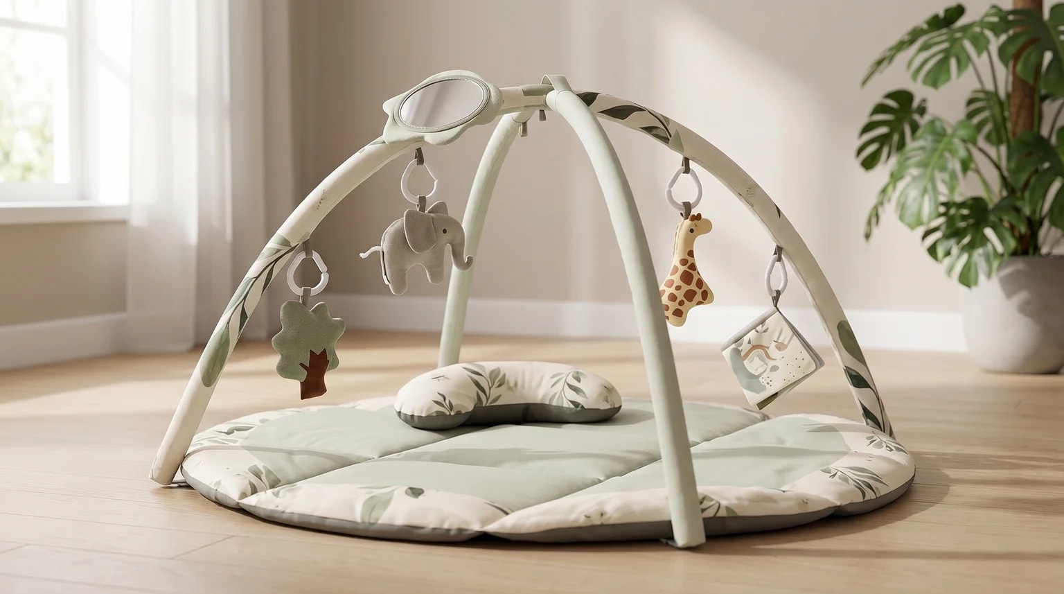Ginásio de atividades para bebé com tema de natureza, em tons suaves, montado no chão de madeira de um quarto de bebé luminoso.