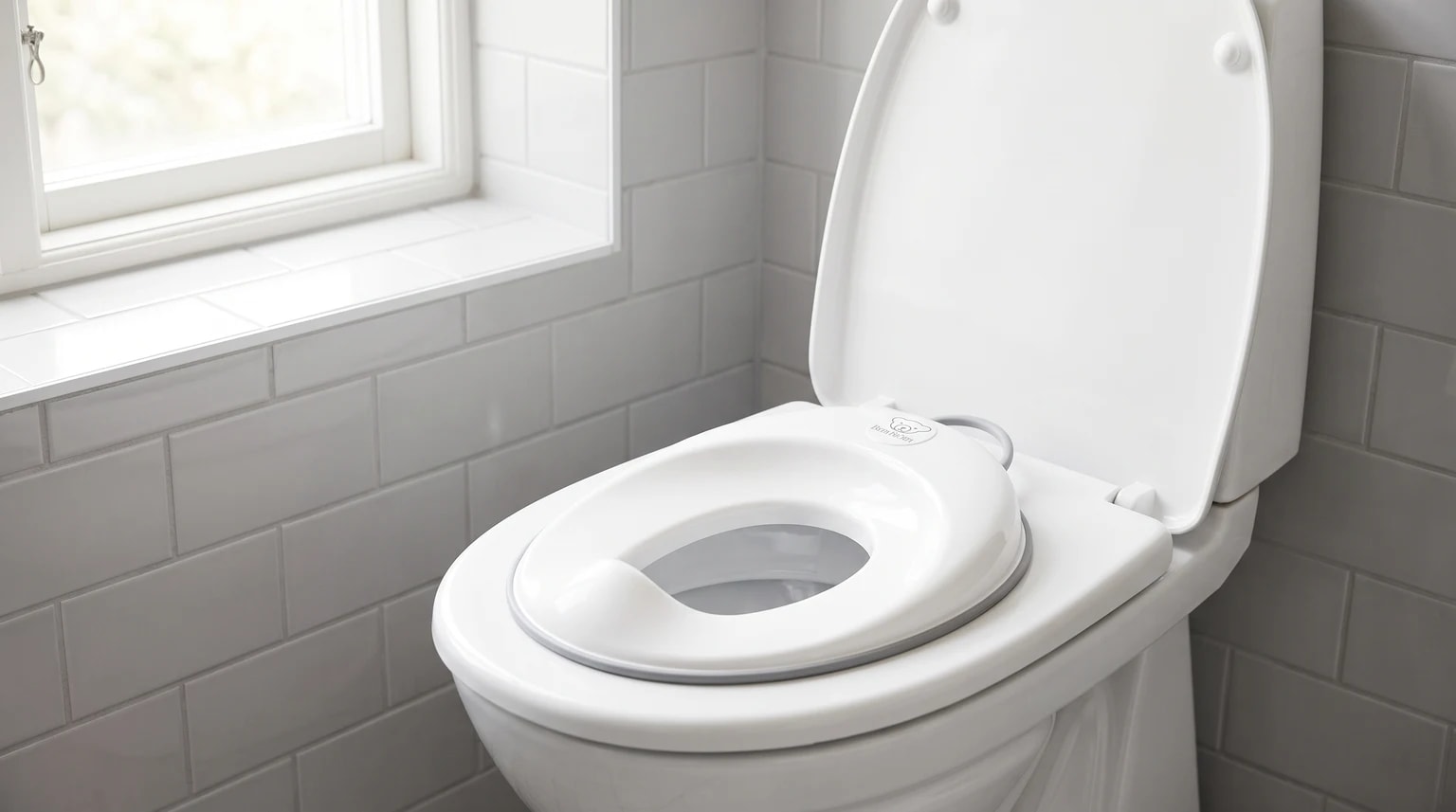 A white BabyBjorn toilet training seat with grey trim fitted on an open toilet in a bright tiled bathroom.