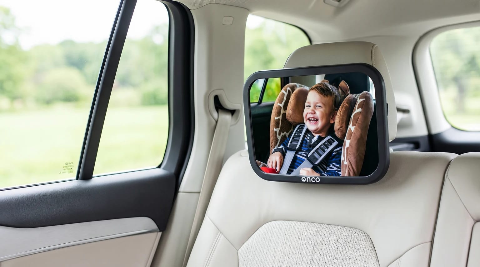 Espelho retrovisor para bebé da marca Onco, montado no encosto de cabeça do banco de trás de um carro luminoso. O espelho reflete o rosto sorridente de um bebé na sua cadeirinha.