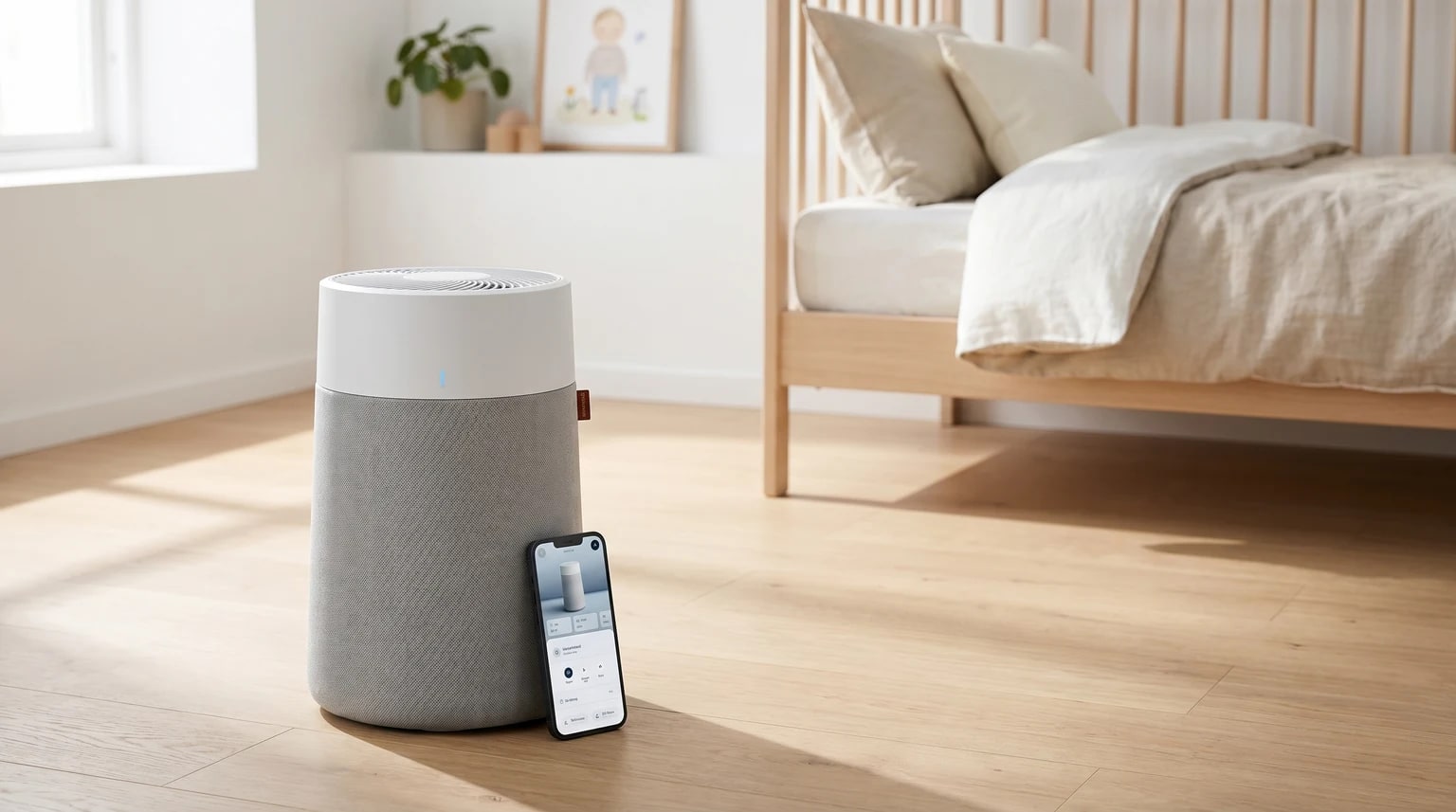 A grey and white smart air purifier on the wooden floor of a bright nursery, with a smartphone leaning against it showing the control app.