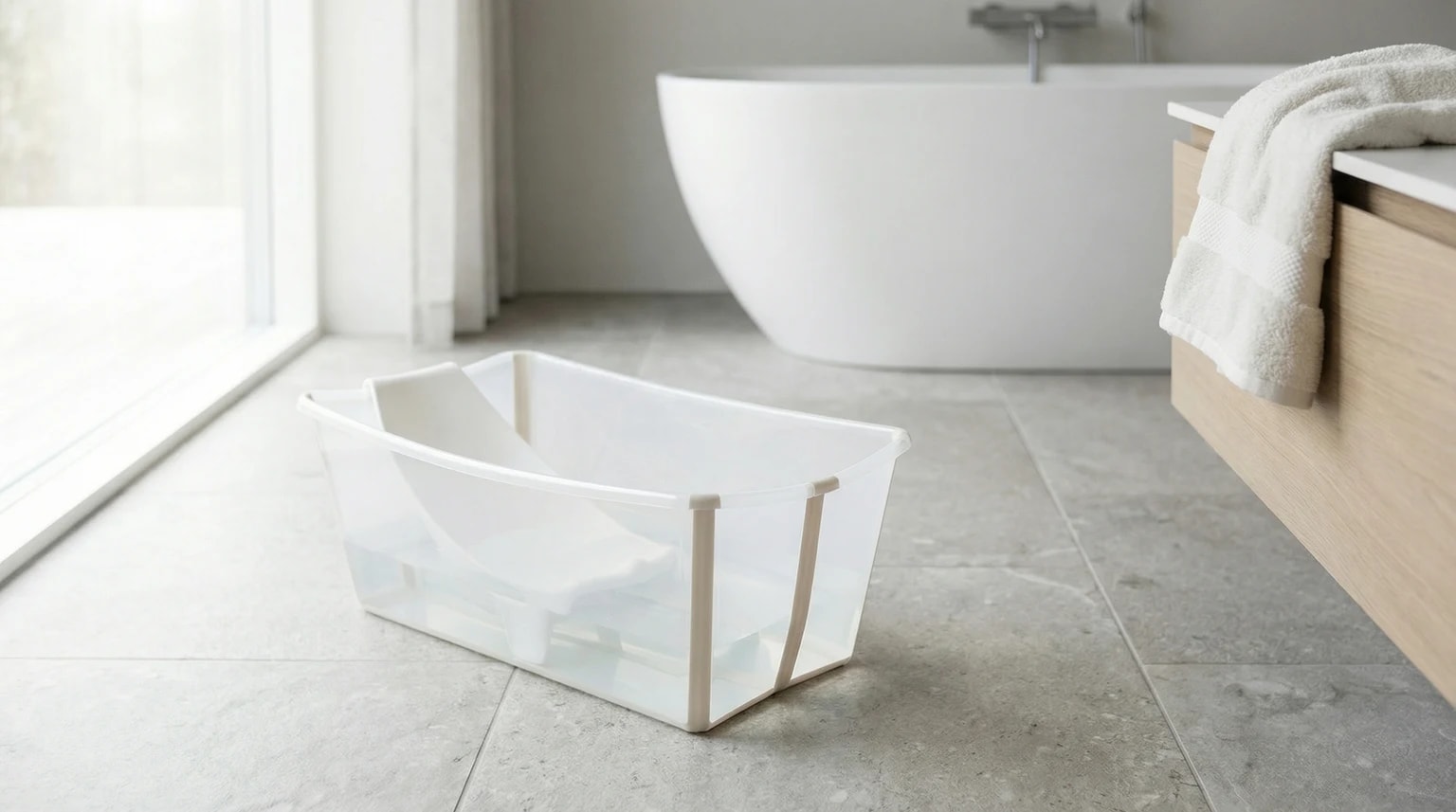 Banheira de bebé Stokke Flexi Bath com suporte para recém-nascido, cheia com um pouco de água e pousada no chão de uma casa de banho moderna e soalheira.