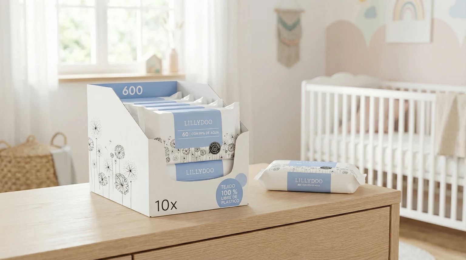 Caixa de dez embalagens de toalhitas de bebé LILLYDOO sobre uma superfície de madeira clara num quarto de bebé luminoso e sereno.
