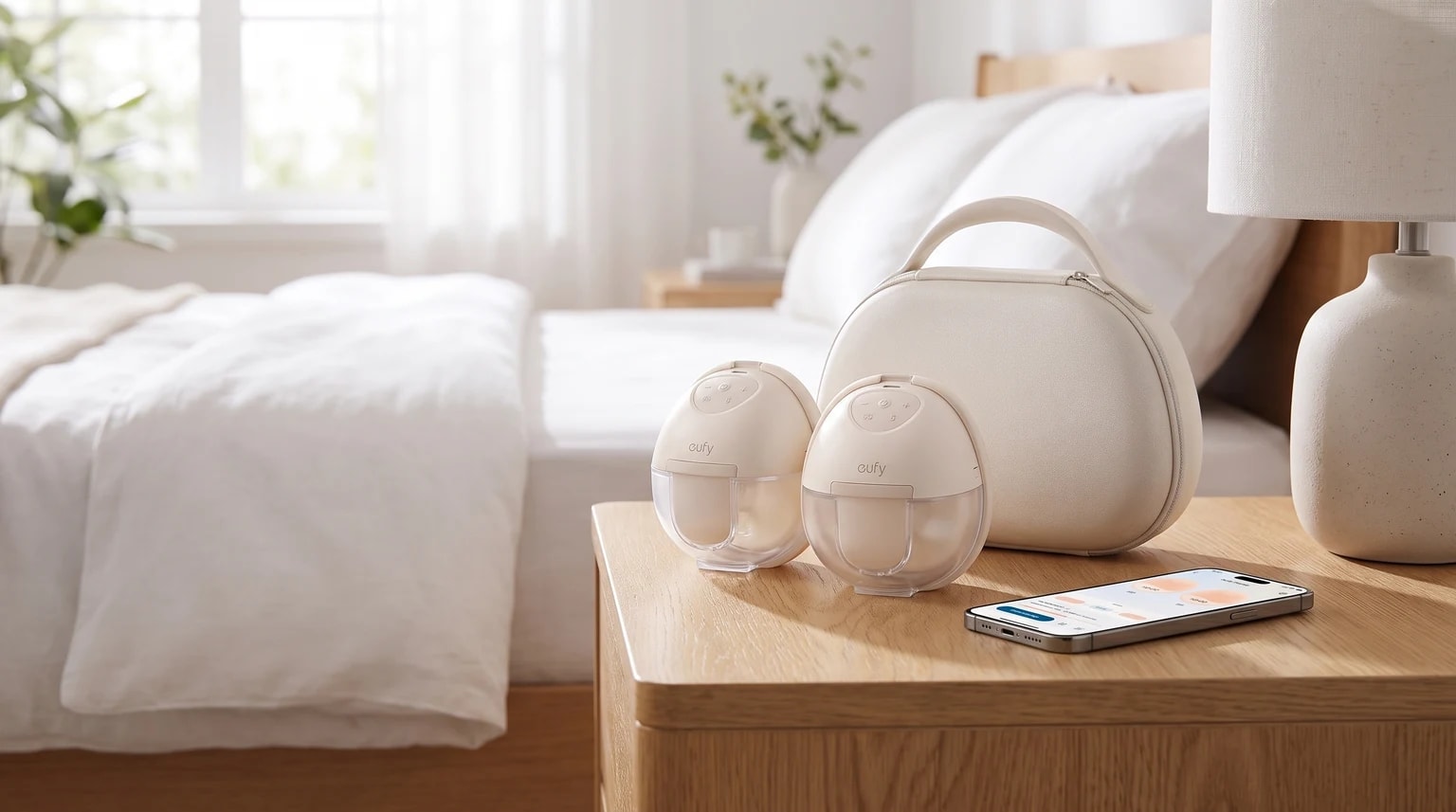 A pair of Eufy wearable breast pumps and their case on a bedside table in a bright bedroom, with a smartphone showing the app in front.