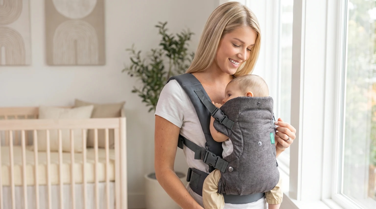 A smiling mother holds her baby close in a grey baby carrier, standing in a brightly lit nursery with a cot in the background.