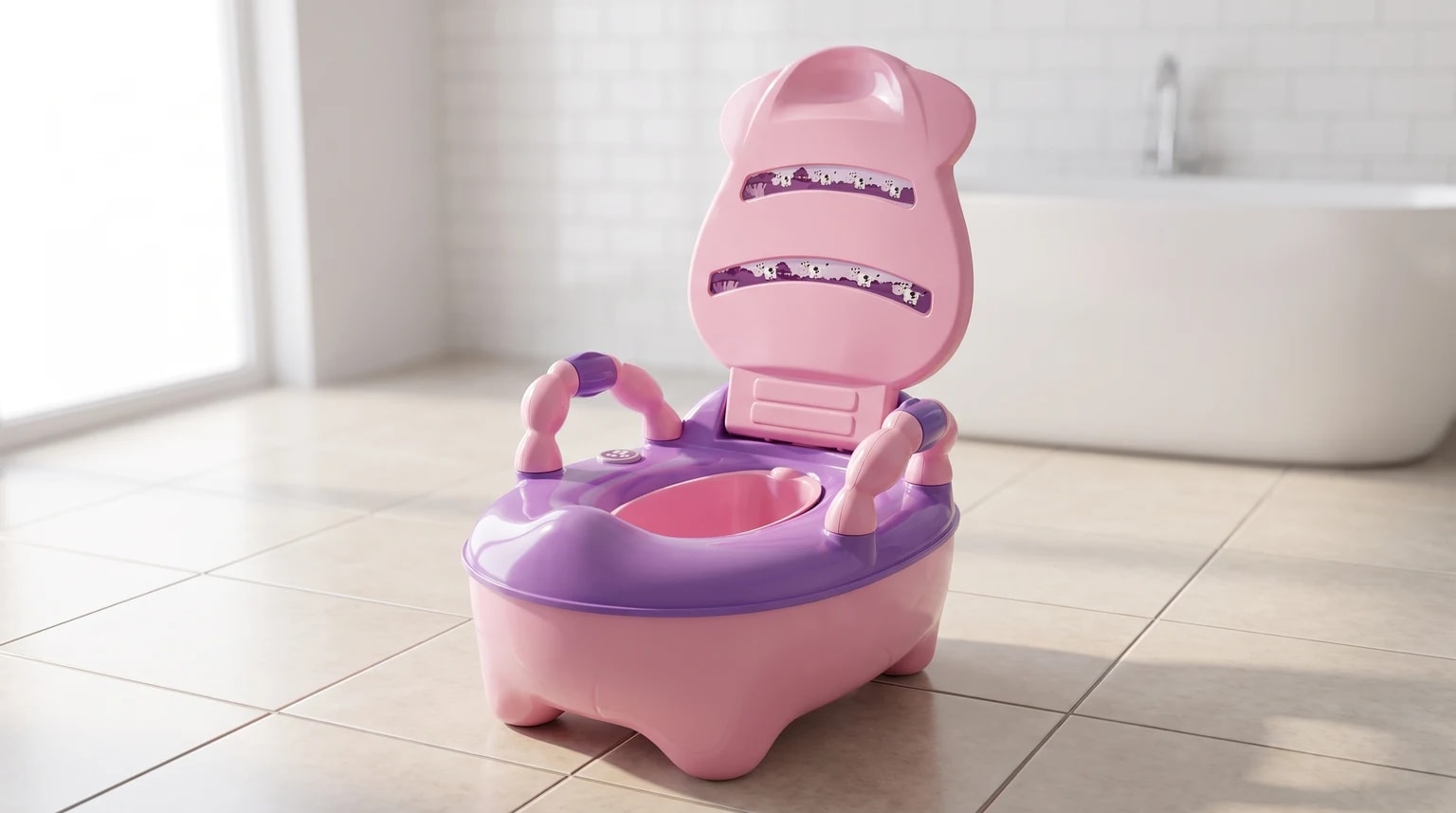 Troninho infantil rosa e roxo, com a tampa aberta e estampas de bichinhos, em um banheiro claro.