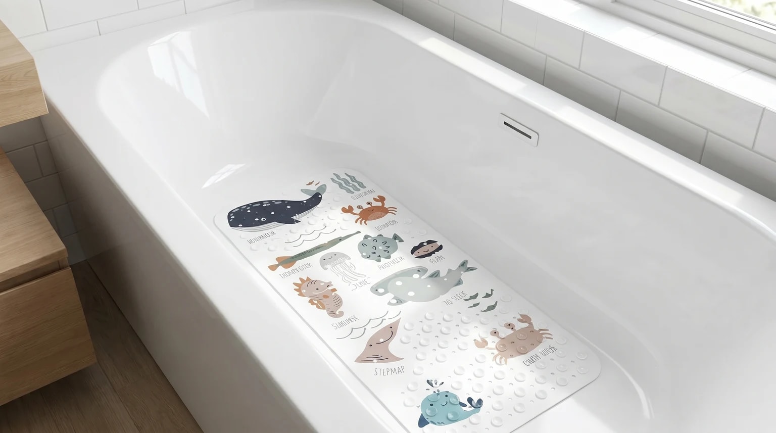 Tapete de banheira antiderrapante infantil com padrão suave de animais marinhos no fundo de uma banheira branca e luminosa.