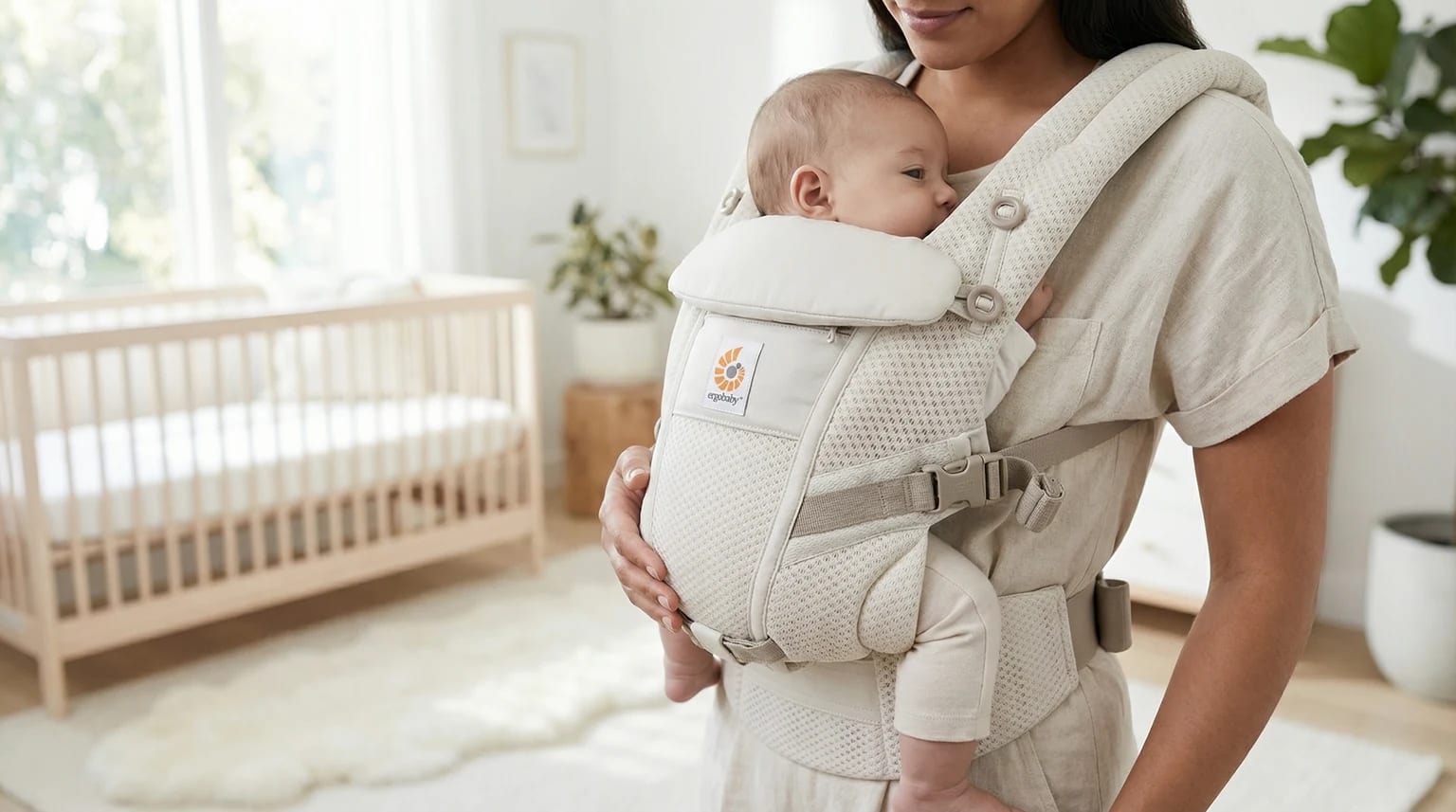Mãe a usar um porta-bebés Ergobaby Adapt cor creme com um bebé aconchegado ao peito, num quarto de bebé luminoso.