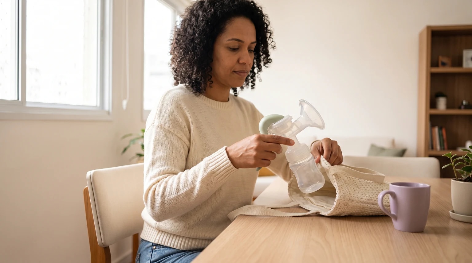 Uma mulher com suéter claro, sentada a uma mesa, guarda uma bomba manual de tirar leite dentro de uma bolsa de tecido.