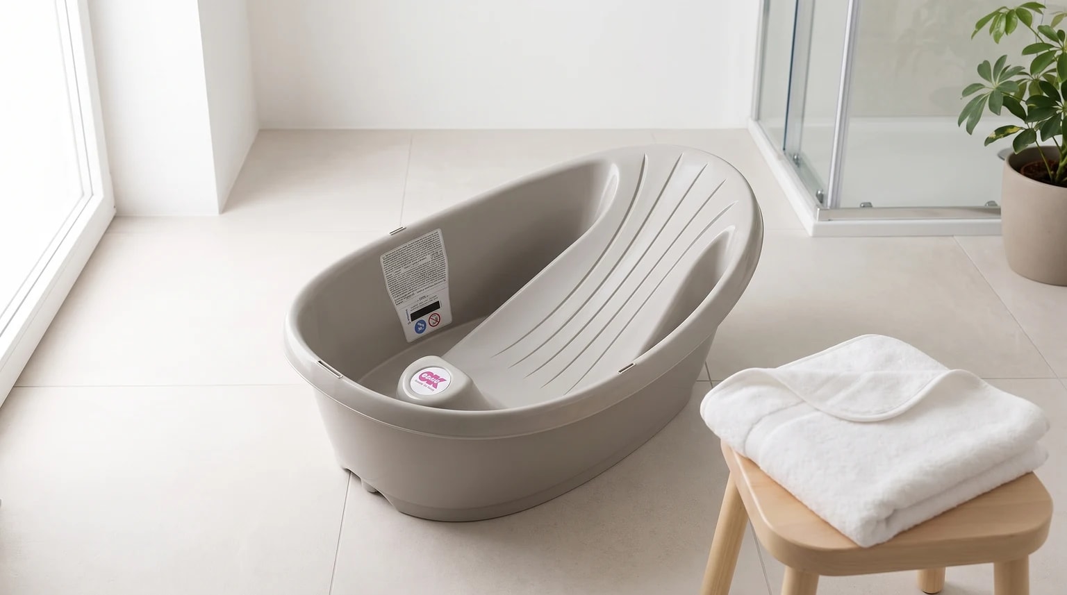 A grey baby bath with an integrated sloped support, placed on a tiled bathroom floor next to a small stool with a folded white towel.