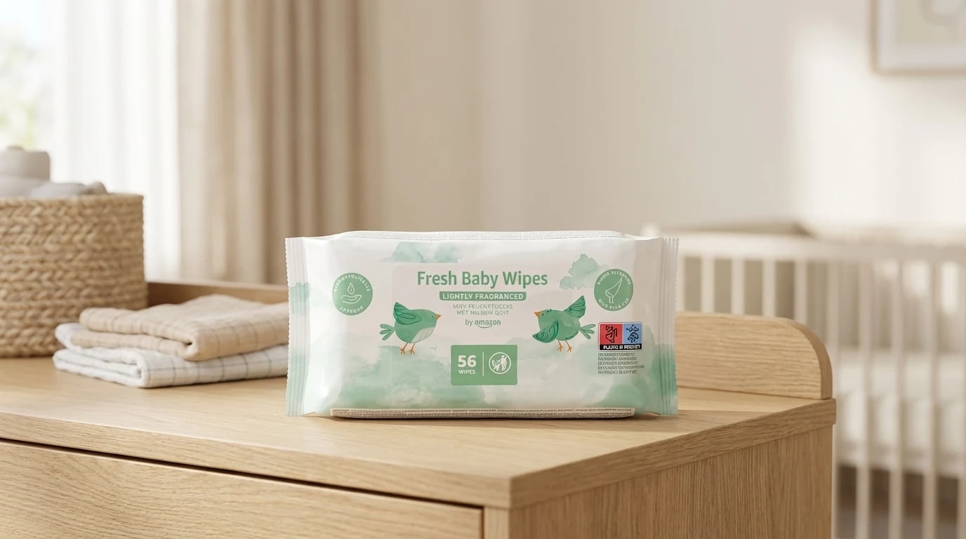 Uma embalagem de toalhitas de bebé da Amazon pousada num trocador de madeira num quarto de bebé.