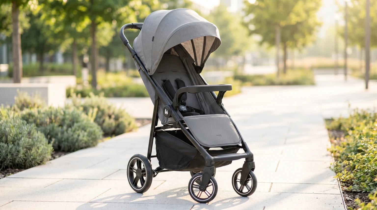 Carrinho de bebé hauck Shop N Care cinzento, num passeio soalheiro de parque citadino com árvores e vegetação desfocadas ao fundo.