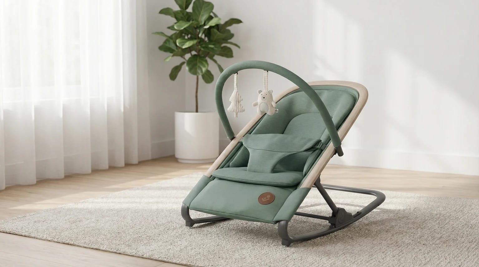 Espreguiçadeira para bebé Maxi-Cosi Kori em verde-sálvia, num quarto de bebé luminoso e minimalista com chão de madeira clara.