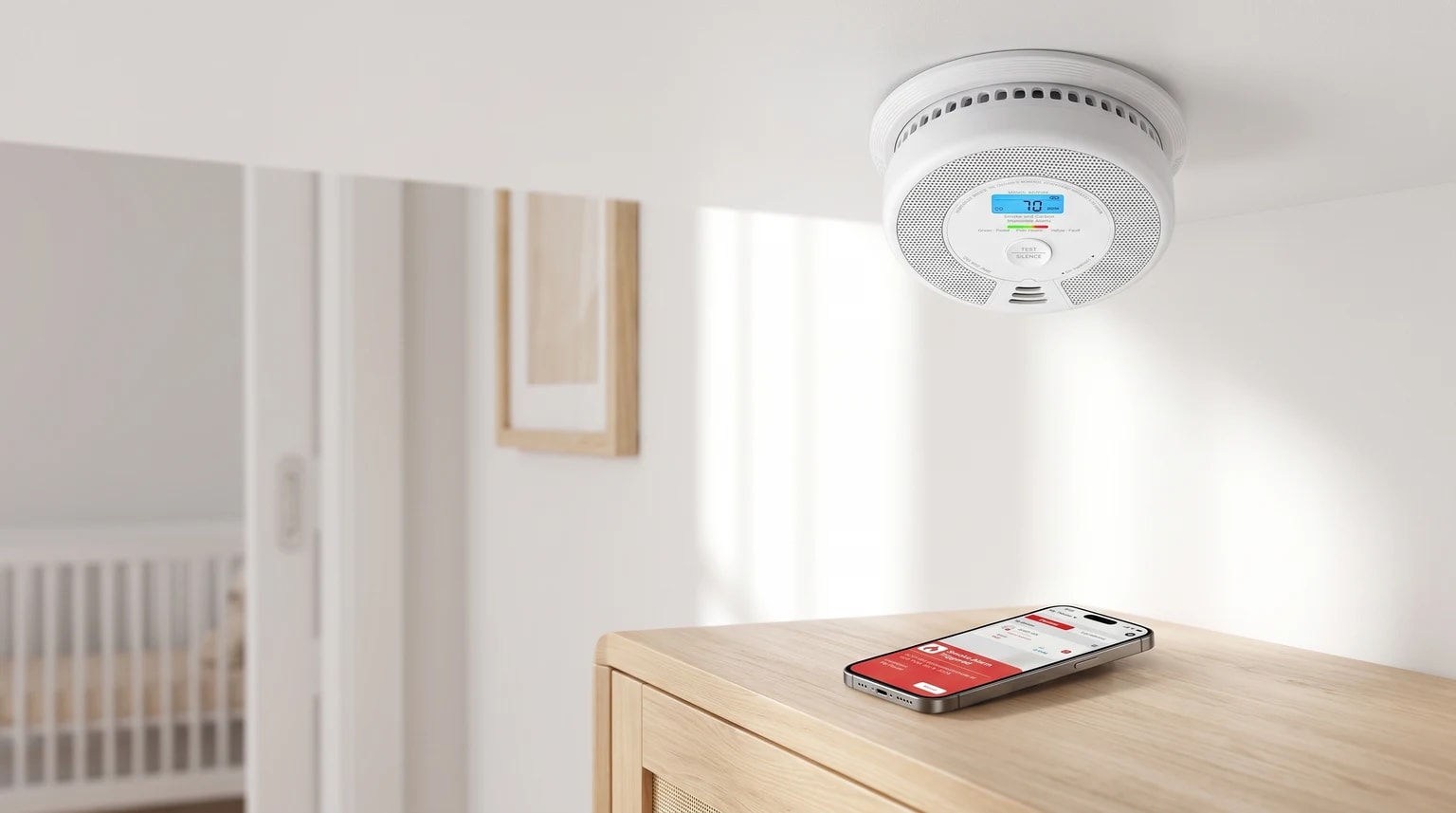 A smart smoke alarm on a ceiling, with a phone on a cabinet below showing an alert. A baby's cot can be seen through a doorway in the background.