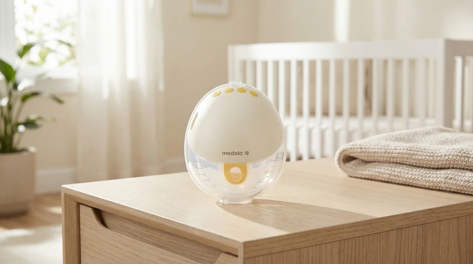 Bomba tira-leite elétrica vestível Medela Motion InBra pousada sobre uma mesa de madeira clara, num quarto de bebé luminoso e tranquilo.
