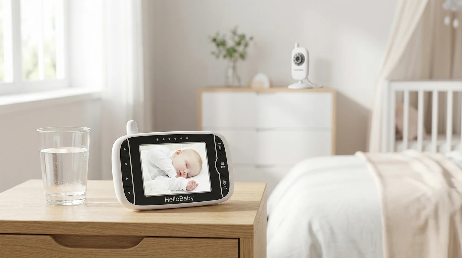 O intercomunicador para bebés HelloBaby HB32 sobre uma mesa de cabeceira de madeira clara, com o ecrã ligado e a câmara ao fundo num quarto luminoso.