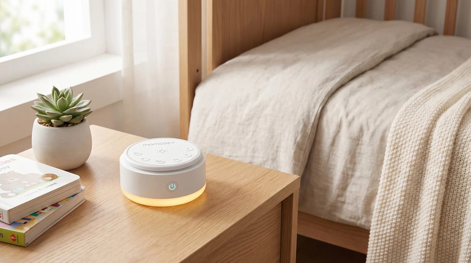 Máquina de ruído branco Momcozy numa mesa de cabeceira de um quarto de bebé, emitindo uma luz suave e quente.