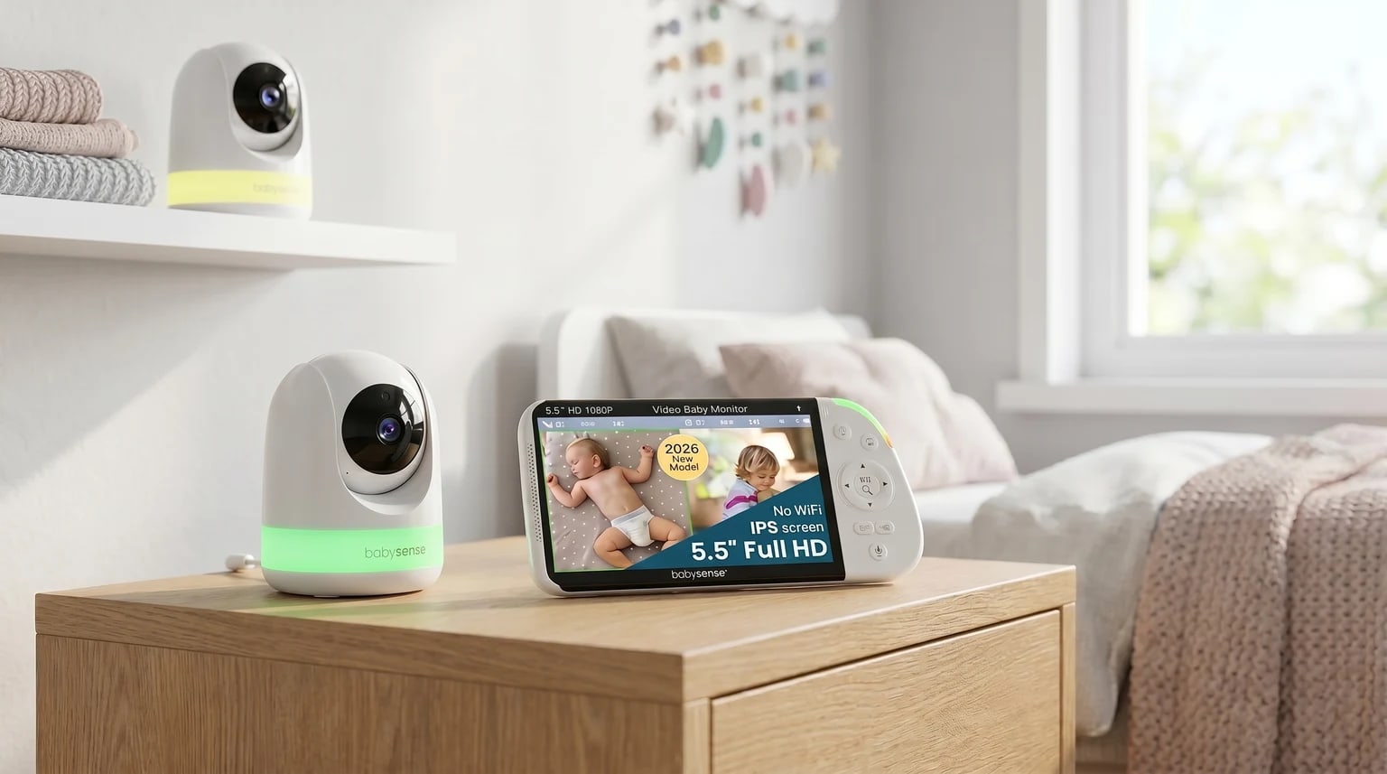 The Babysense split-screen baby monitor on a wooden bedside table, showing two camera units and a screen with a 2026 New Model badge.