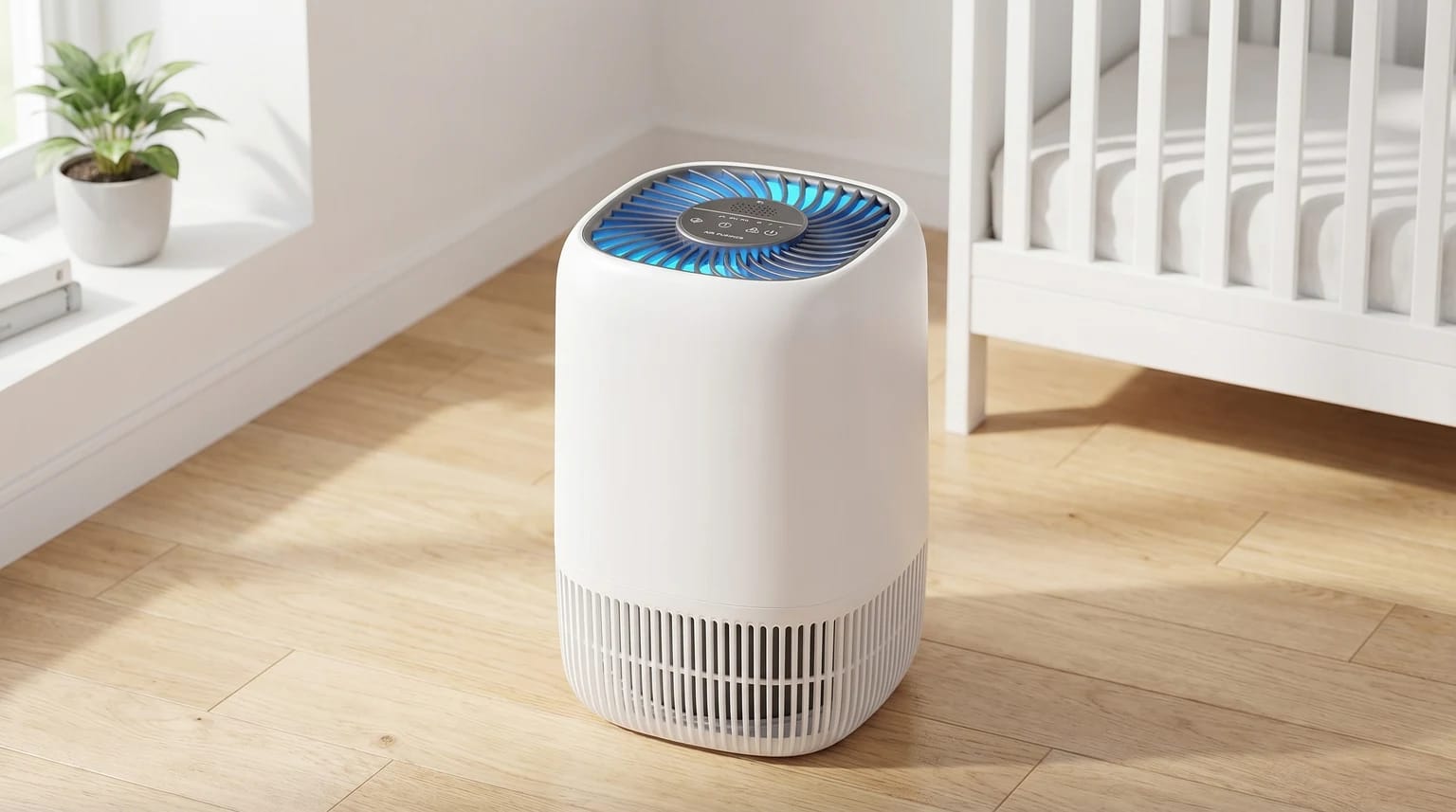 Purificador de ar branco AROEVE com topo iluminado a azul, no chão de madeira clara junto a um berço branco.