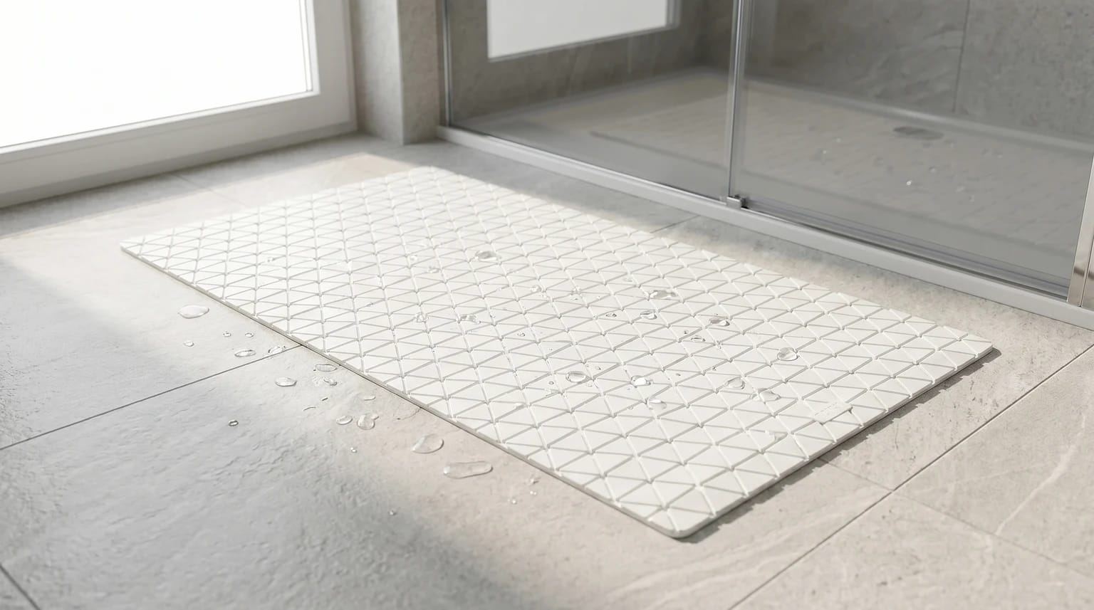 Tapete antiderrapante branco com relevo geométrico pousado no chão molhado de um duche moderno com divisória de vidro.
