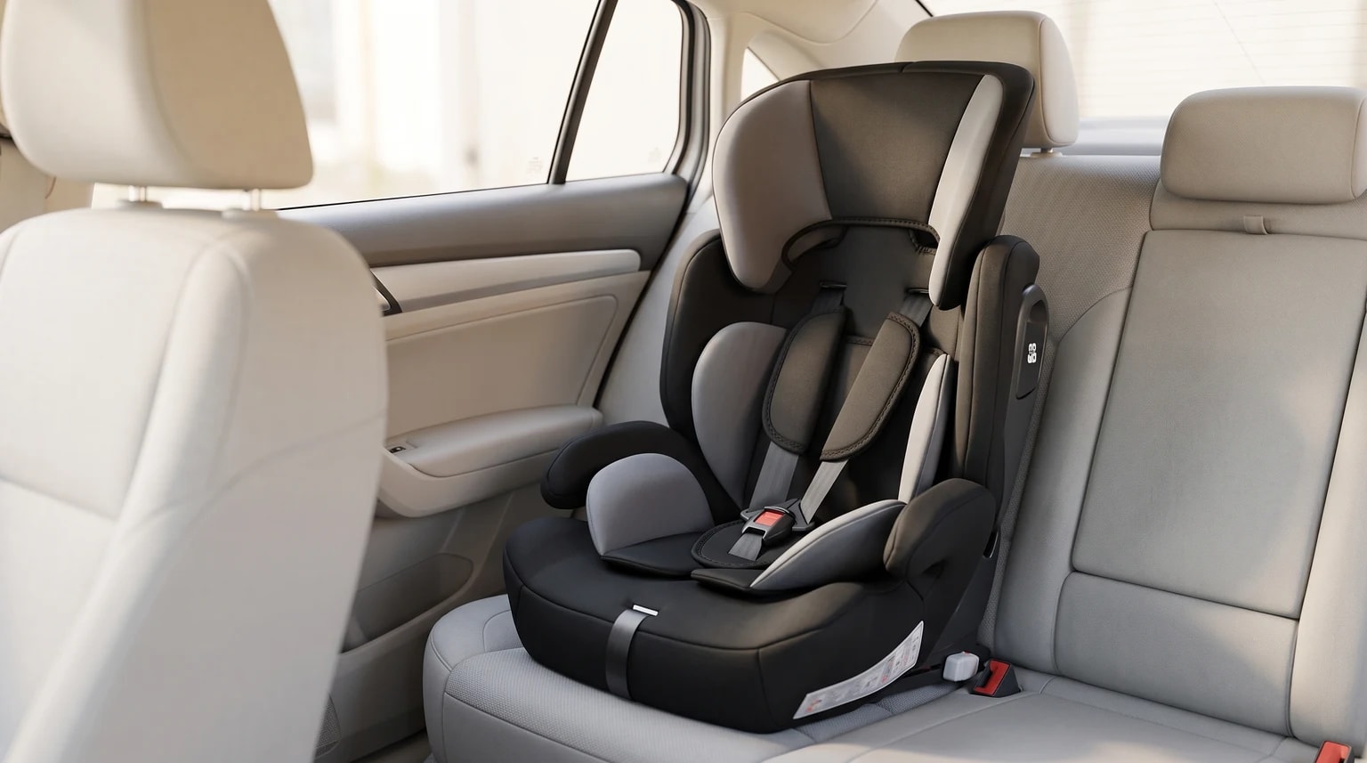 Cadeirinha Styll Baby Dream Baby preta e cinza, instalada no banco traseiro de um carro com estofamento claro.