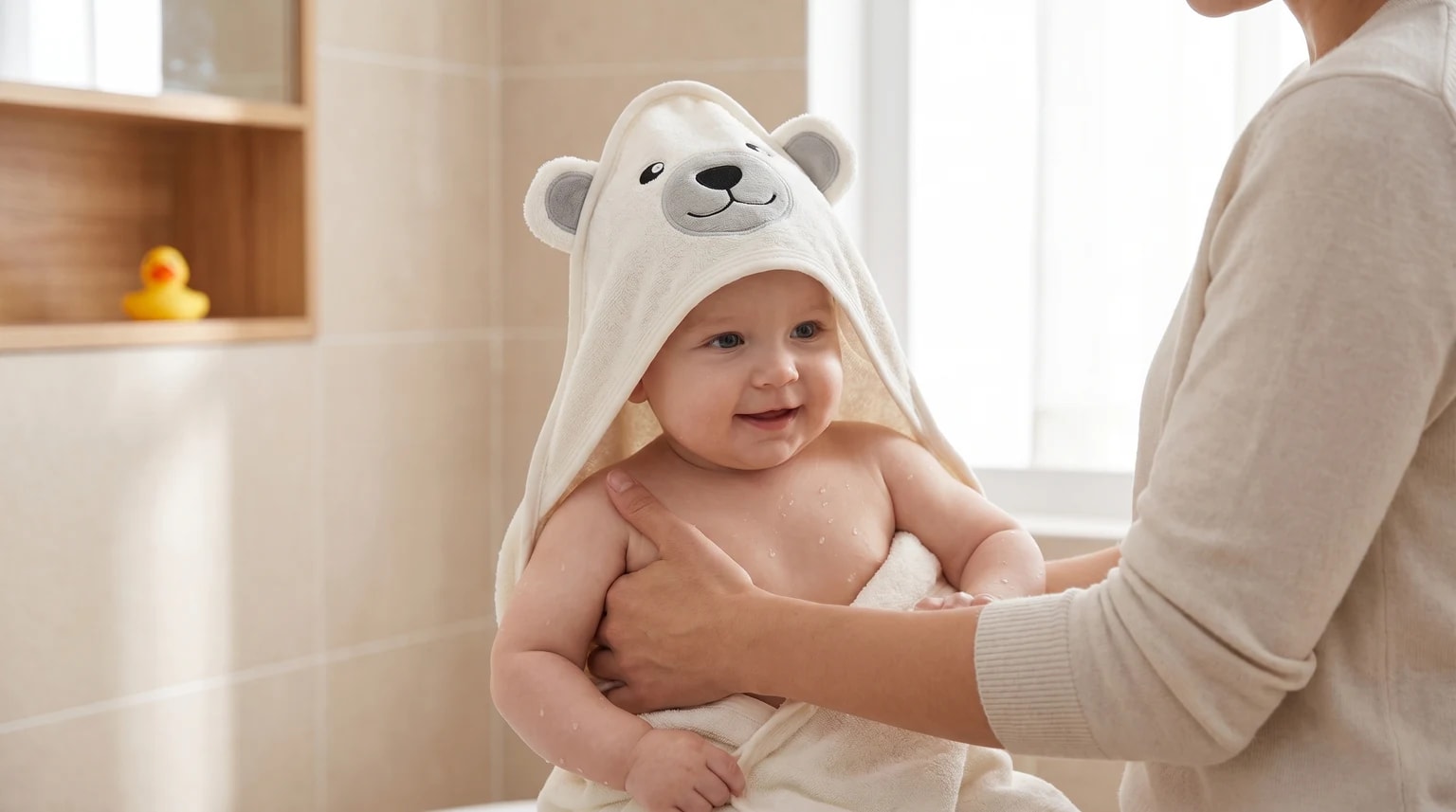 A smiling baby being wrapped in a white hooded towel with a cute bear face on the hood by an adult.