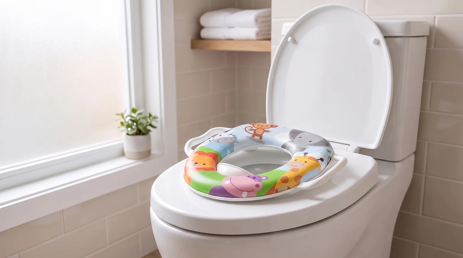 Redutor de assento infantil com estampa colorida de animais, instalado sobre um vaso branco em um banheiro claro.