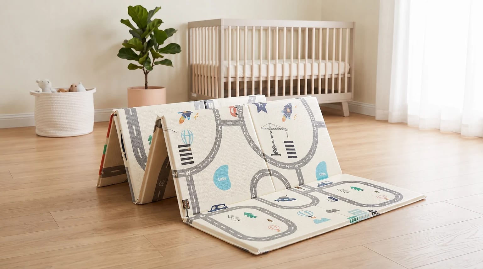 Tapete infantil dobrável com estampa de trânsito, parcialmente dobrado em um quarto de bebê claro.