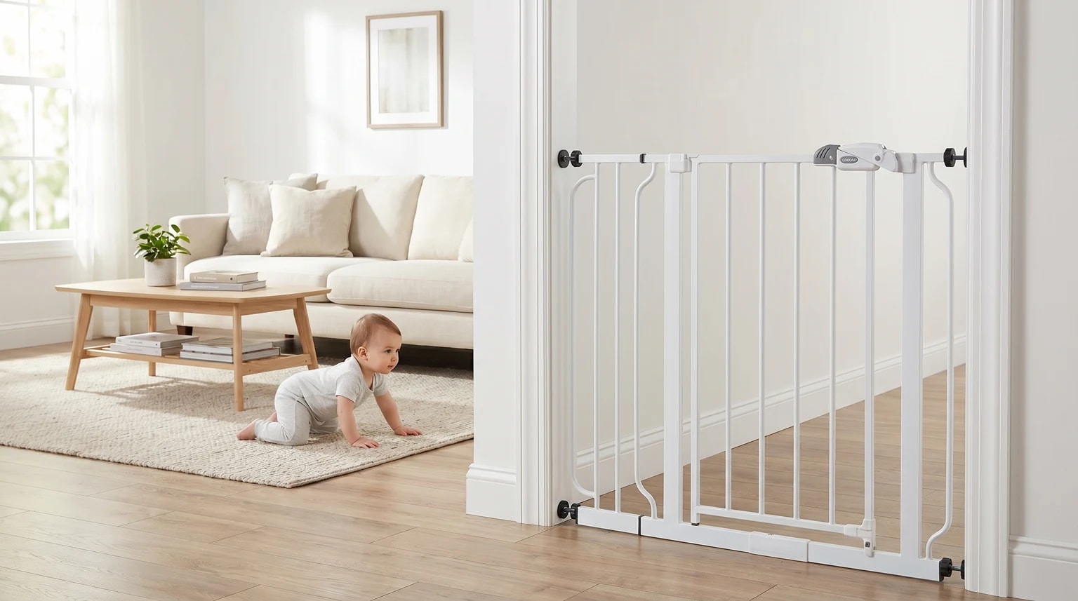 A baby crawls on a rug in a bright living room, approaching a white safety gate fitted in a doorway.