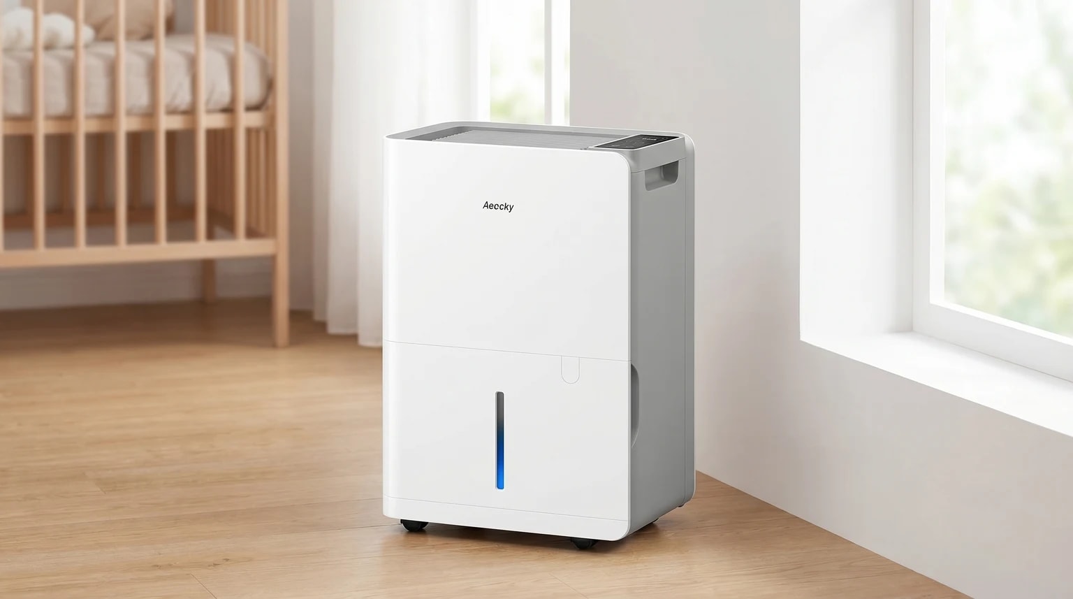 A slim white AEOCKY dehumidifier on a wooden nursery floor, with a cot softly blurred in the background.