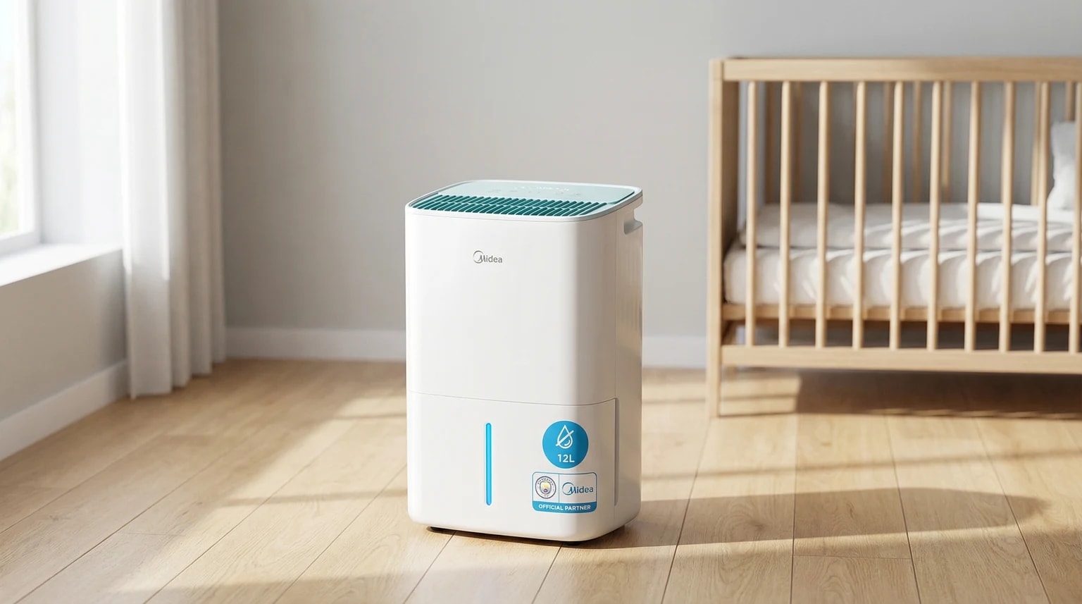 Desumidificador Midea Smart 12L branco, posicionado no chão de madeira clara de um quarto de bebé moderno e luminoso, criando um ambiente saudável.